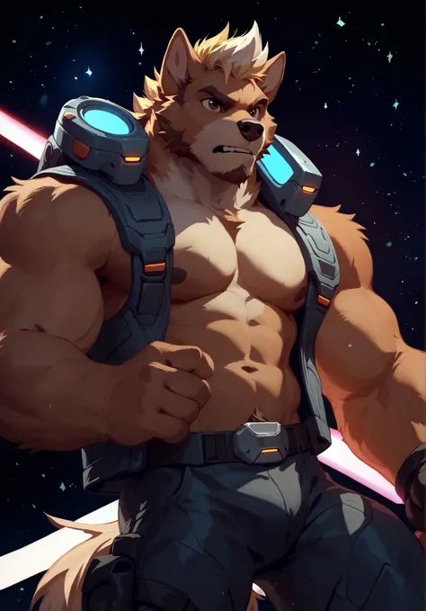 Wolfstar is the lead star in a space action movie!  masterpiece, best quality, amazing quality, solo, 1boy, null-ghost, Wolfstar from visual novel "Wolfstar: Sins and Paradise". Portrait.  short spiky blonde hair with small pony tail, wolf, perfect brown e...