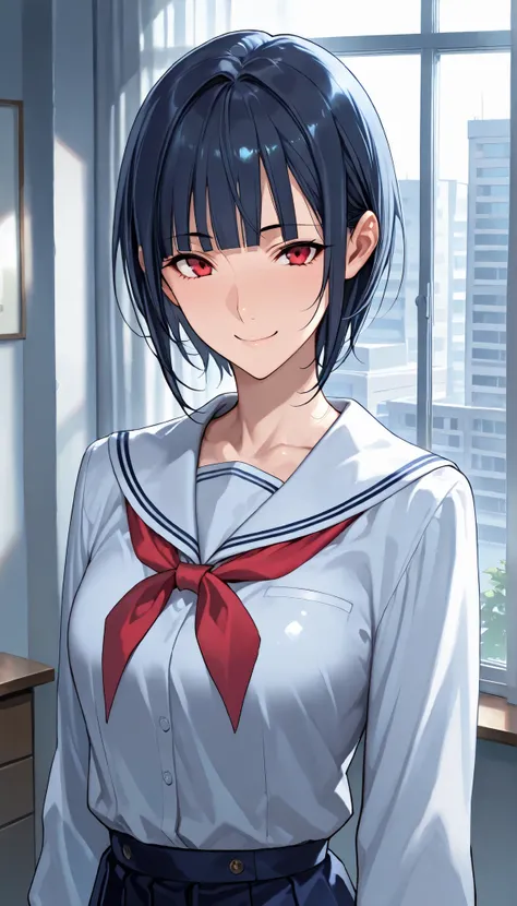 Modern Backgrounds,A female with slim body(older girl),Red eyes,Slim body,shiny skin,White school uniform)(Long sleeves),In The Apartment,(Rainy rain),(Dark Sky),(Dark blue short hair, blunt bangs),light smile,slightly tilted forward,UHD, SOLO, anatomicall...