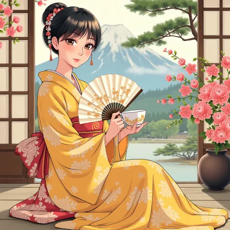 illustrations、Anime、A beautiful 25 year old woman is sitting、 yellow kimono 、Japanese Women、Japanese-style room、pine tree、meters. Fuji、 Beautiful flowers in a vase 々 、Floral fan、 woman has big breasts 、Japanese tea、