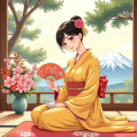 illustrations、Anime、A beautiful 25 year old woman is sitting、 yellow kimono 、Japanese Women、Japanese-style room、pine tree、meters. Fuji、 Beautiful flowers in a vase 々 、Floral fan、 woman has big breasts 、Japanese tea、