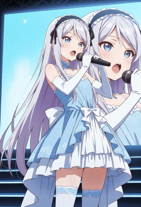 Score_9, score_8_up, score_7_up, source_anime, shisei houjou (kurakon), solo, very long hair, grey hair, frilled hairband, hair ribbon, sidelocks, blue eyes, flat chest, (best quality), (high quality), {masterpiece}, extremely delicate and beautiful, ultra...