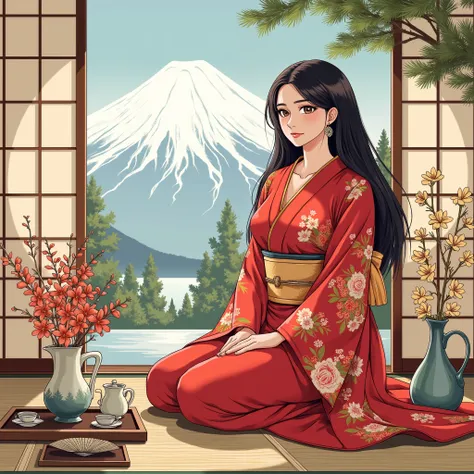 illustrations、Anime、A beautiful 25 year old woman is sitting、 red kimono 、Japanese Women、Japanese-style room、pine tree、meters. Fuji、 Beautiful flowers in a vase 々 、Floral fan、 woman has big breasts 、Japanese tea、