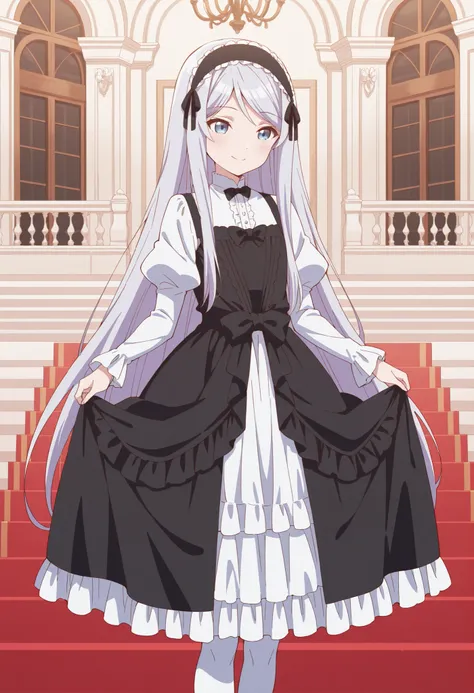 Score_9, score_8_up, score_7_up, source_anime, shisei houjou (kurakon), solo, very long hair, grey hair, frilled hairband, hair ribbon, sidelocks, blue eyes, flat chest, (best quality), (high quality), {masterpiece}, extremely delicate and beautiful, ultra...