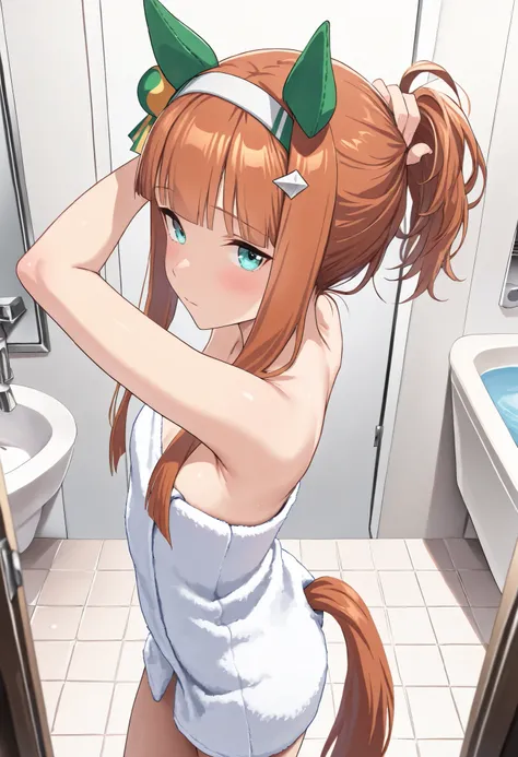 (masterpiece, best quality, perfect face:1.4), wide angle, silence suzuka \(umamusume\), horse ears, ear cover, white headband, small breasts, horse tail, tail on the lower back, proportional body, proportional,1 girl, beautiful hair, beautiful face, beaut...