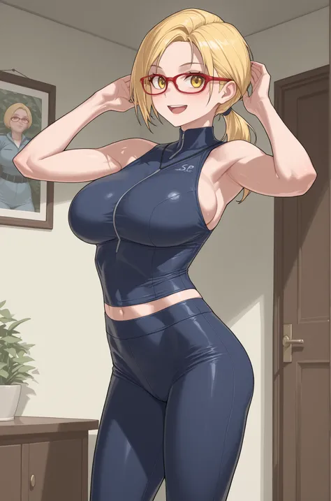 score_9, score_8_up, score_7_up, score_6_up, score_5_up, score_4_up, 1girl, jill anderson, red framed eyewear, ponytail, (((Massive natural breasts))), 35 year-old woman, middriff exposed, standing, front view, sexy pose, content look, tight pants, happy, ...