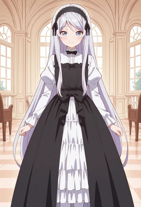 Score_9, score_8_up, score_7_up, source_anime, shisei houjou (kurakon), solo, very long hair, grey hair, frilled hairband, hair ribbon, sidelocks, blue eyes, flat chest, (best quality), (high quality), {masterpiece}, extremely delicate and beautiful, ultra...