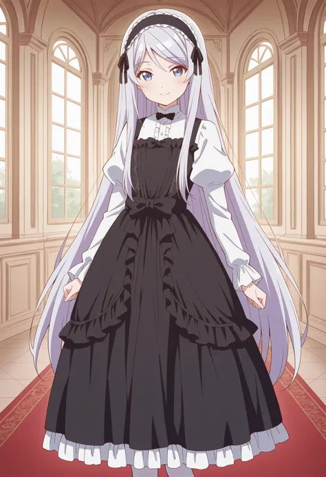 Score_9, score_8_up, score_7_up, source_anime, shisei houjou (kurakon), solo, very long hair, grey hair, frilled hairband, hair ribbon, sidelocks, blue eyes, flat chest, (best quality), (high quality), {masterpiece}, extremely delicate and beautiful, ultra...