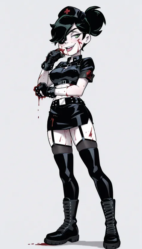 1 girl, solo, Nurse, sexy nurse, miniskirt, nurse uniform, sexy nurse uniform, black nurse uniform, black uniform, black nurse cap, cap on head, cap,  Thigh high boots, metal toe boots, studded boots, combat boots, chest harness, studded harness, studded c...