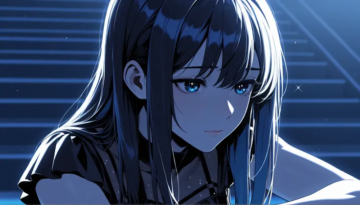top quality, 8K, 4K, high resolution, High Contrast,Japanese idol standing on an outdoor stage, short skirt on the arm, quiet night,1girl, An adult woman with a sad expression, close-up, navy straight hair, Sparkling Blue Eyes, Surrounding people are shini...