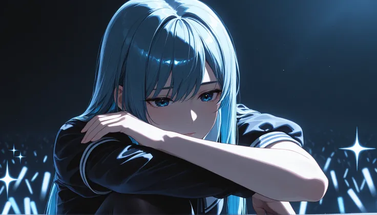 top quality, 8K, 4K, high resolution, High Contrast,Japanese idol standing on an outdoor stage, short skirt on the arm, quiet night,1girl, An adult woman with a sad expression, close-up, navy straight hair, Sparkling Blue Eyes, Surrounding people are shini...