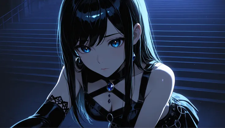 top quality, 8K, 4K, high resolution, High Contrast,Japanese idol standing on an outdoor stage, I'm wearing a dark blue jewel, short skirt on the arm, quiet night,1girl, An adult woman with a sad expression, close-up, navy straight hair, Sparkling Blue Eye...