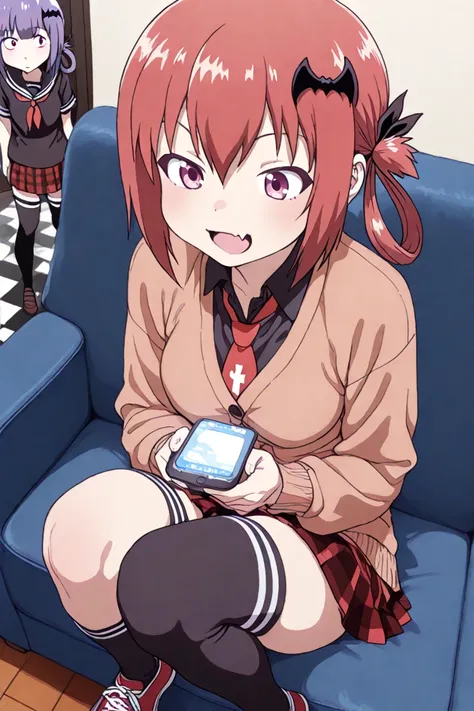 source_anime,  satanichia kurumizawa mcdowell, hair ornament, cabello rojo, hair rings, bat hair ornament, ojos rosados,  skin fang ,, Falda, shirt, school uniform, pleated Falda, tie,  Shoes, socks, collared shirt, checkered, knee length stockings, black shirt, checkered Falda, cardigan, black socks, brown cardigan,, sofa, watching adult videos on the TV