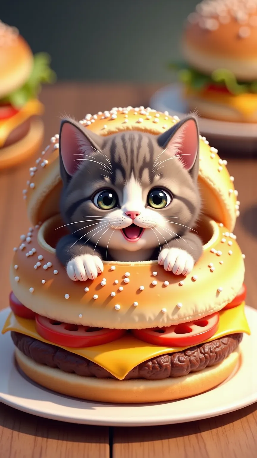 animal in a buns,hamburger ,cat