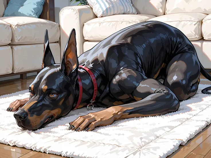 Daytime、Living room、、 the floor is white 、Face Down、with eyes、masterpiece、top quality、not fixed:1.5、one animal、animal Doberman、From the side、