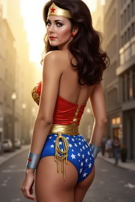 (Excellent masterpiece:1.5)0.7]，(wonder woman:1.2) ( messy brunette :1.1) ( dark eyes :1.2) (muscular:1.1) (Thick lips:0.9)，A photorealistic, high-resolution thigh-up portrait of a beautiful, athletic woman captured from a side-back angle, wearing the clas...