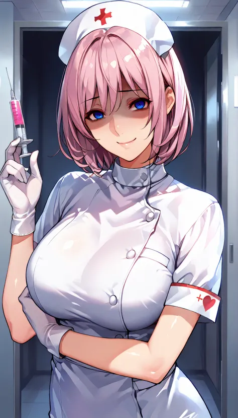 SOLO,Modern Backgrounds,A female with slim body(older girl),blue eyes,shiny skin,(Wearing A White Nurse headdress),(White Nurse uniform),White short gloves,Holding A Syringe,In The Ward,(Yandere),light smile,Pink Short hair),UHD, SOLO, anatomically correct...