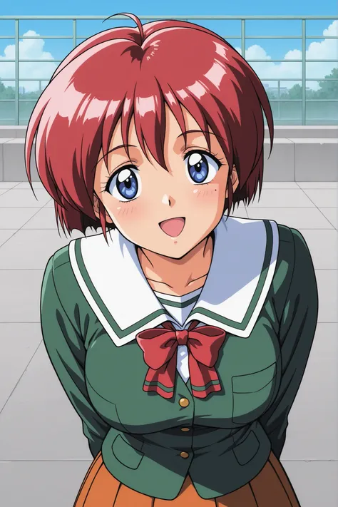 1990s \(style\),Hinomoto_Hikari, adult woman, red hair, short hair, blue eyes, (busty:1.2), bangs,high resolution, Super Detailed,very aesthetic,top quality,masterpiece,very aesthetic,High Contrast,Newest,School rooftop during the day,focus on face,(1 woma...