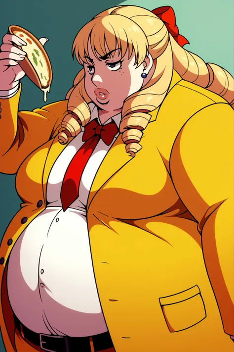 score_9, score_8_superior, score_7_superior, score_6_superior, sauce_anime, Break 1 Girl, woman, Solo p5 principal, Fat, obesity, Margarita Dresden, long hair, drill hair, hair ribbon, medium breasts, fat, chubby, obese, thick lips, Yellow Jacket, formal, ...