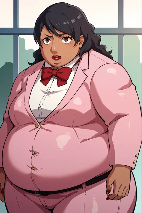 score_9, score_8_superior, score_7_superior, score_6_superior, sauce_anime, Break 1 Girl, woman, Solo p5 principal, Fat, obesity, score_9, score_8_up, score_7_up, source_anime BREAK 1girl, solo,   chounop5, black hair, medium hair, brown eyes, pink dress, ...