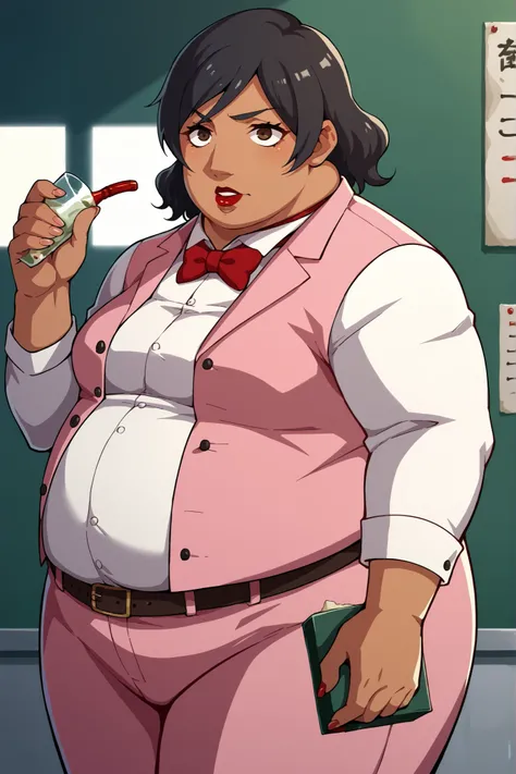 score_9, score_8_superior, score_7_superior, score_6_superior, sauce_anime, Break 1 Girl, woman, Solo p5 principal, Fat, obesity, score_9, score_8_up, score_7_up, source_anime BREAK 1girl, solo,   chounop5, black hair, medium hair, brown eyes, pink dress, ...