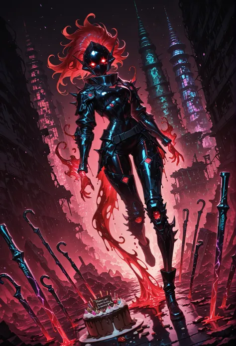 masterpiece, ultra detailed, 4k resolution, cinematic lighting, dynamic angle, perfect anatomy, in a neon-lit futuristic arena made of dessert ruins — melting chocolate towers, broken canes, and frosting-coated debris — a monstrous dessert stands tall. It’...