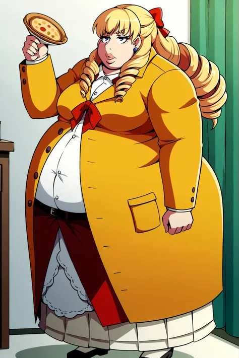 score_9, score_8_superior, score_7_superior, score_6_superior, sauce_anime, Break 1 Girl, woman, Solo p5 principal, Fat, obesity, Margarita Dresden, long hair, drill hair, hair ribbon, medium breasts, fat, chubby, obese, thick lips, Yellow Jacket, formal, ...