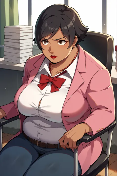score_9, score_8_superior, score_7_superior, score_6_superior, sauce_anime, Break 1 Girl, woman, Solo p5 principal, Fat, obesity, score_9, score_8_up, score_7_up, source_anime BREAK 1girl, solo,   chounop5, black hair, medium hair, brown eyes, pink dress, ...