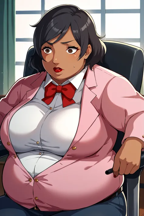 score_9, score_8_superior, score_7_superior, score_6_superior, sauce_anime, Break 1 Girl, woman, Solo p5 principal, Fat, obesity, score_9, score_8_up, score_7_up, source_anime BREAK 1girl, solo,   chounop5, black hair, medium hair, brown eyes, pink dress, ...