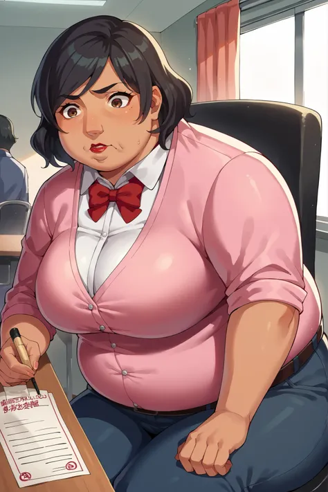 score_9, score_8_superior, score_7_superior, score_6_superior, sauce_anime, Break 1 Girl, woman, Solo p5 principal, Fat, obesity, score_9, score_8_up, score_7_up, source_anime BREAK 1girl, solo,   chounop5, black hair, medium hair, brown eyes, pink dress, ...