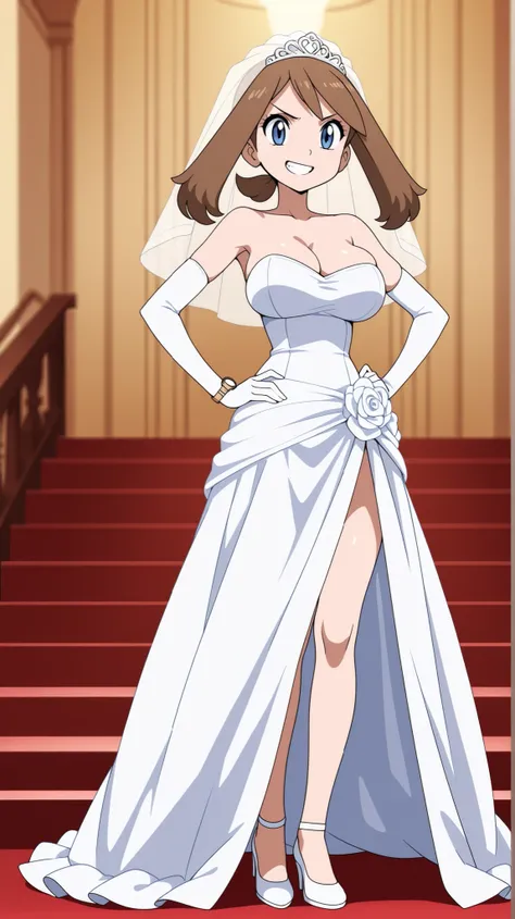 adult older sister, Tall, left hands on hips,  white prom dress, white wedding long gloves, white high heels, white wedding veil, ((anime screenshot, anime cong, )) SapphireBirchILXL, ((top quality)), ((masterpiece)), ((details)), solo, 1girl, two legs, tw...