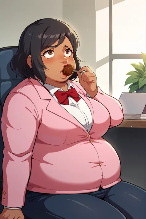 score_9, score_8_superior, score_7_superior, score_6_superior, sauce_anime, Break 1 Girl, woman, Solo p5 principal, Fat, obesity, score_9, score_8_up, score_7_up, source_anime BREAK 1girl, solo,   chounop5, black hair, medium hair, brown eyes, pink dress, ...