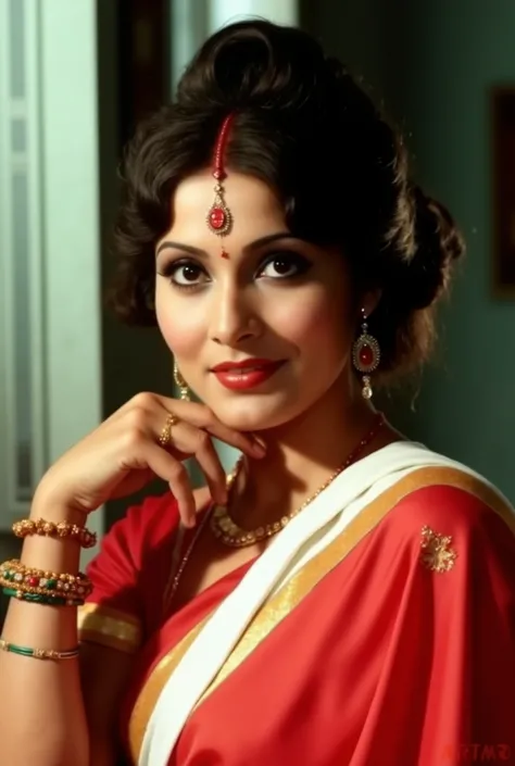a portrait of a 1962's version of the movie Tamil 1962's aesthetic   aesthetic  vibe wearing red and White saree finger wave hair style with hair bun aeuststic exact moon shape face