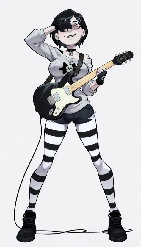 1 girl, solo, Black hair, short hair, straight hair, bangs covering eyes, smug, black lipstick, mime makeup, light gray loose sweater, black fingerless gloves, exposed shoulders, ga Black choker with skull pendant, black choker, black pentagram logo sweate...