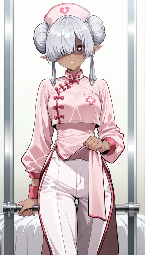 ( masterpiece , best quality , high quality ,8k,) girl elf dark-skin (silver-short-bob-bun-hair:1.4) nurse yandere (pink Kung fu clothing :1.4).(pink-nurse-cap:1.4) (pants:1.4) (long-sleeves:1.4) tights (holding-magical-rod:1.8) (hair over one eye, bangs, ...