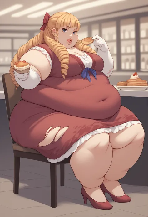 score_9, score_8_up, score_7_up, score_6_up, score_5_up, score_4_up, BREAK source_anime,
1girl, solo,  full body shot,  looking at viewer, smile, cafeteria, Margarita Dresden, long hair, drill hair, hair ribbon, medium breasts, fat, chubby, obese, thick li...