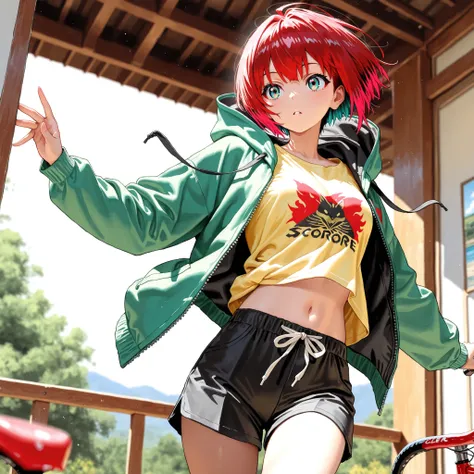 1girl, amate yuzuriha,short hair,red hair,multicolored hair,aqua eyes,multicolored eyes,clear yellow T-shirt,opened green zip up hoodie,navel,black short pants,depth of field, fake traditional media, Picturesque, Impressionism, masterpiece, high score,  Gr...
