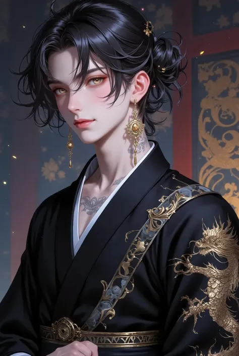medium hair, Tied-Back Hair, 1male, ((Two-colour Hair : black-Silver)), Amber Prismatic Eyes, Hanafuda Earring, black kimono with japanese pattern, chest, handsome, dragon tattoo, standing, smile, Background japanese room