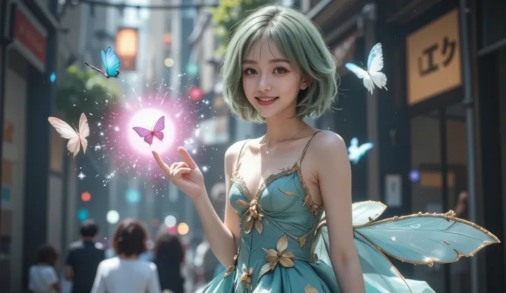 A stunning photorealistic portrait of a beautiful cute fairy young sexy teenage woman inspired by Krixi from game Arena of Valor, with soft mint green hair, big breasts, small nose and thin lip. She wears elegant emerald and gold magical slik dress with le...