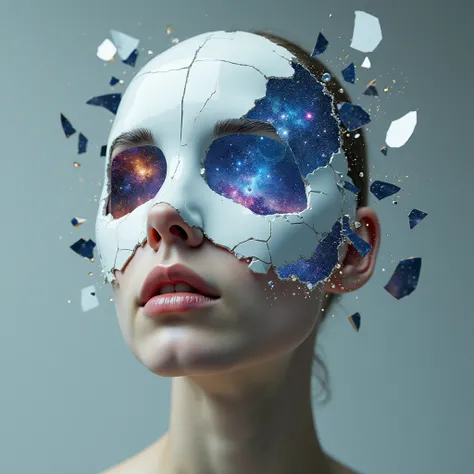 

**"Broken Mask" চমকপ্রদ প্রম্পট:**  
"Create a surreal artwork titled 'Broken Mask,' depicting a human face wearing a delicate porcelain mask that is partially shattered. Through the cracks of the mask, a vibrant, otherworldly galaxy with shimmering star...