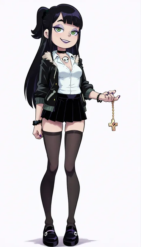 1 girl, solo, Black hair, Light skin, very long hair, straight hair, purple eyeshadow, black eyeliner, purple lipstick, long eyelashes, short eyebrows, thick eyebrows, Bob bangs, cropped ends, sidebangs behind the ear, green eyes, half-up loose jacket, hal...