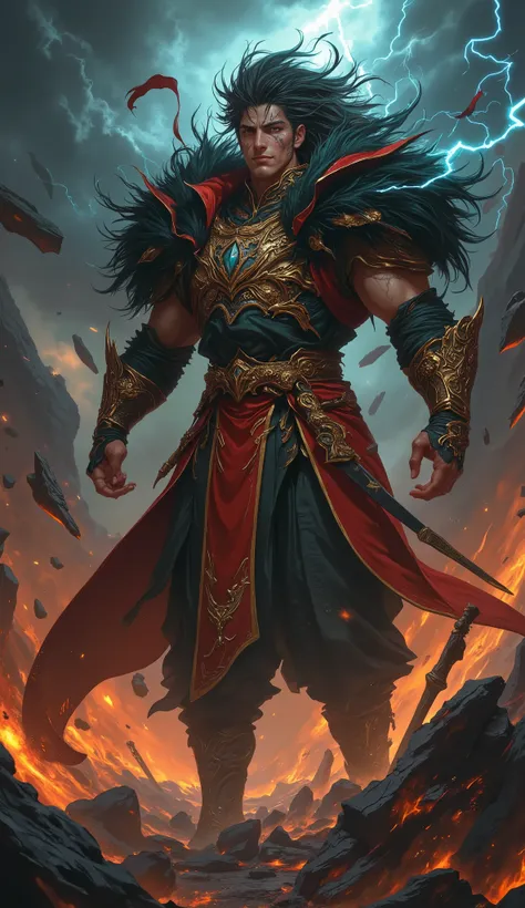 Epic fantasy concept art, digital painting, masterpiece, 8k resolution, ultra-detailed, hyper-realistic. Dramatic cinematic lighting, volumetric god rays piercing a stormy, dark sky. A colossal, Herculean wuxia hegemon, a paragon of overwhelming power and ...