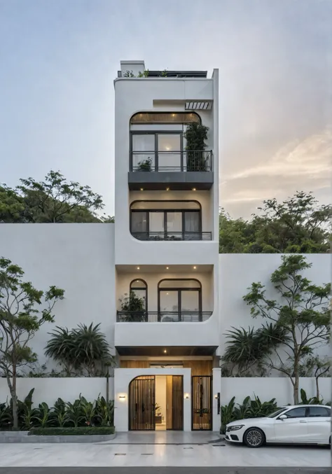 RAW photo, a photo of a modern house, (curvilinear archrchitecture:1.4), Wabisabi style rounded wall, white wall, steel black gate, sidewalk, sidewalk trees, ((grey gate:1.2)), road, viet nam modern residence, ((architectural shot)), rough white wall, new ...