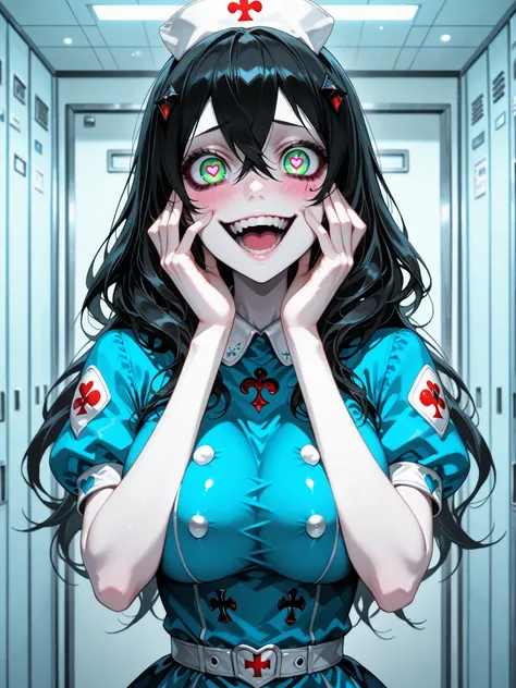 AliceMadness, 1girl, black hair, long hair, green eyes, long hair, large breasts, black_hair, directional lighting evident, slight hair-sheen/gloss, eyes full of madness and insanity, 1woman, yandere trance, yandere, hands on own cheeks, hands on own face,...