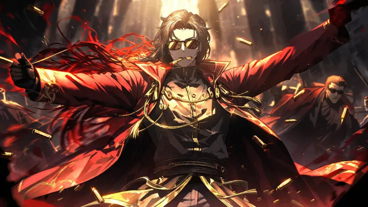 A dynamic and vivid scene showcases a confident, sunglasses-wearing male in a dramatic pose, exuding an air of authority and mystery. The individual, dressed in a richly detailed, crimson coat with gold embellishments, acts coolly while holding a cigar, wh...