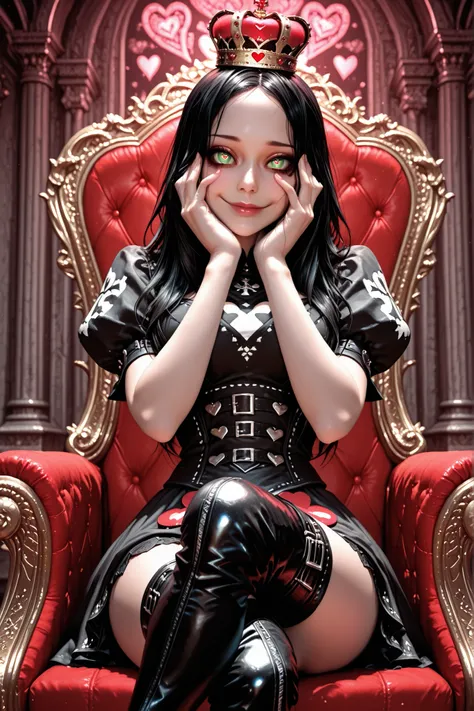 beautiful 3D-like render, anime screencap, HD remaster, gritty masterpiece, best of the best quality, absurdres, AliceMadness, solo, alone, 1girl, black hair, long hair, crown, green eyes, deep dark pupils, looking at viewer, looking at viewer, sitting, th...