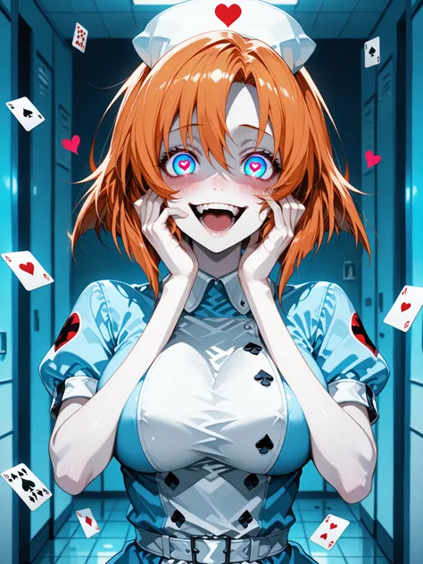 rena ryuuguu, orange hair, short hair, blue eyes, large breasts, black_hair, directional lighting evident, slight hair-sheen/gloss, eyes full of madness and insanity, 1woman, yandere trance, yandere, hands on own cheeks, hands on own face, crazy eyes, craz...