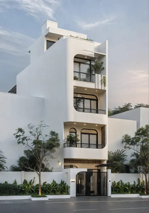 RAW photo, a photo of a modern house, (curvilinear archrchitecture:1.4), Wabisabi style rounded wall, white wall, steel black gate, sidewalk, sidewalk trees, ((grey gate:1.2)), road, viet nam modern residence, ((architectural shot)), rough white wall, new ...