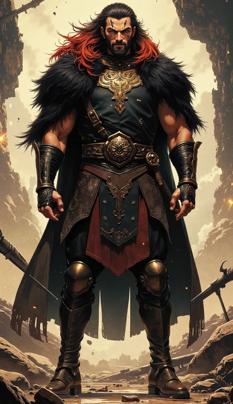 masterpiece, best quality, hyper-detailed, cinematic lighting, professional fantasy character illustration. A tall, immensely muscular middle-aged man, an imposing fantasy wuxia hegemon. He has a rugged face with a serious expression, a confident smirk, an...