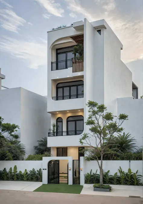 RAW photo, a photo of a modern house, (curvilinear archrchitecture:1.4), Wabisabi style rounded wall, white wall, steel black gate, sidewalk, sidewalk trees, ((grey gate:1.2)), road, viet nam modern residence, ((architectural shot)), rough white wall, new ...
