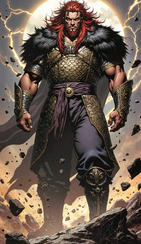 masterpiece, best quality, hyper-detailed, cinematic lighting, professional fantasy character illustration. A tall, immensely muscular middle-aged man, an imposing fantasy wuxia hegemon. He has a rugged face with a serious expression, a confident smirk, an...
